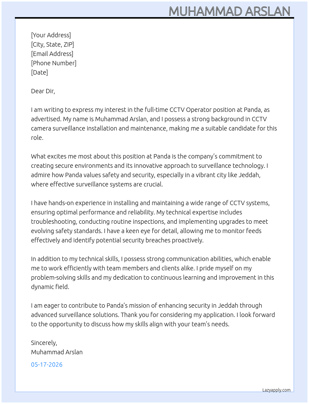 Cctv operator  At Panda Cover Letter
