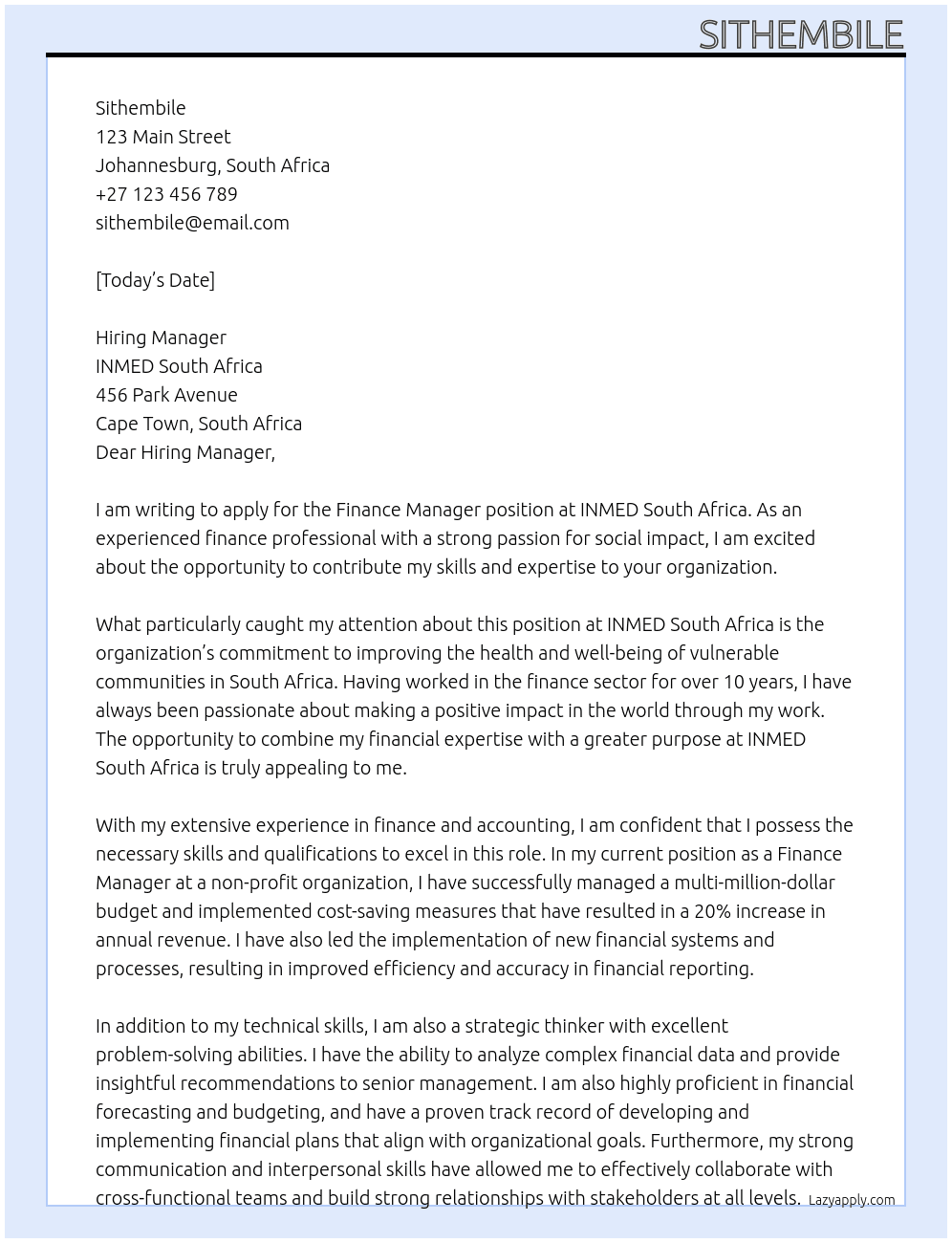 Finance Manager At INMED South Africa Cover Letter