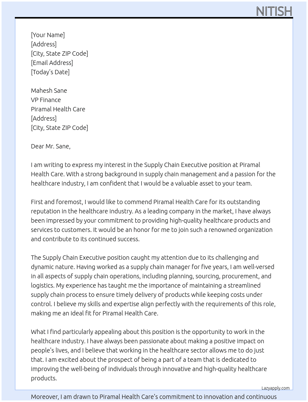 Supply Chain Executive  At Piramal Health Care  Cover Letter