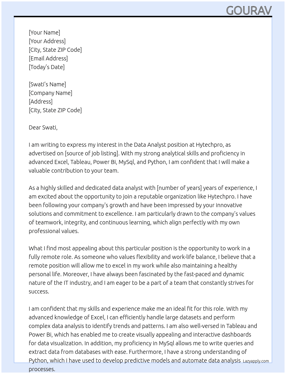 Data Analyst At Hytechpro Cover Letter