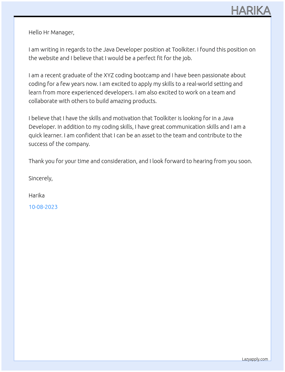 Java Developer  At Toolkiter Cover Letter