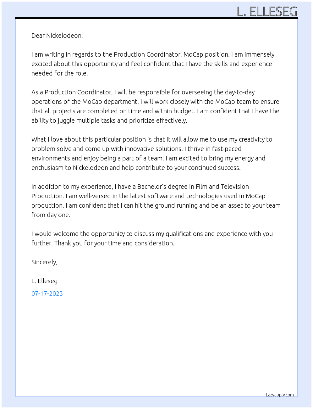 Prooduction Coordinator, MoCap At Nickelodeon Cover Letter
