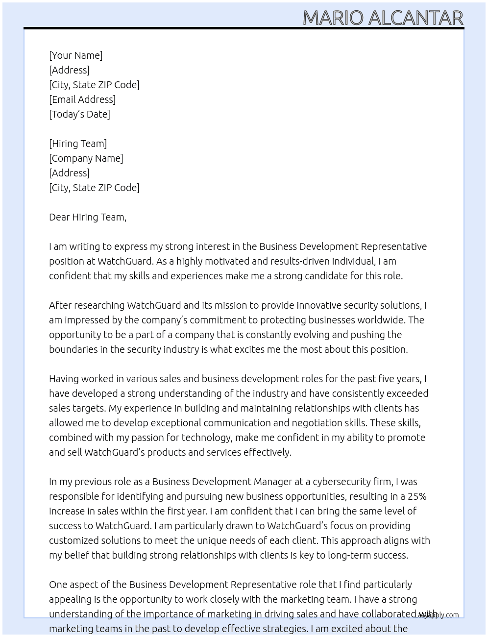Business Development Representative At WatchGuard Cover Letter