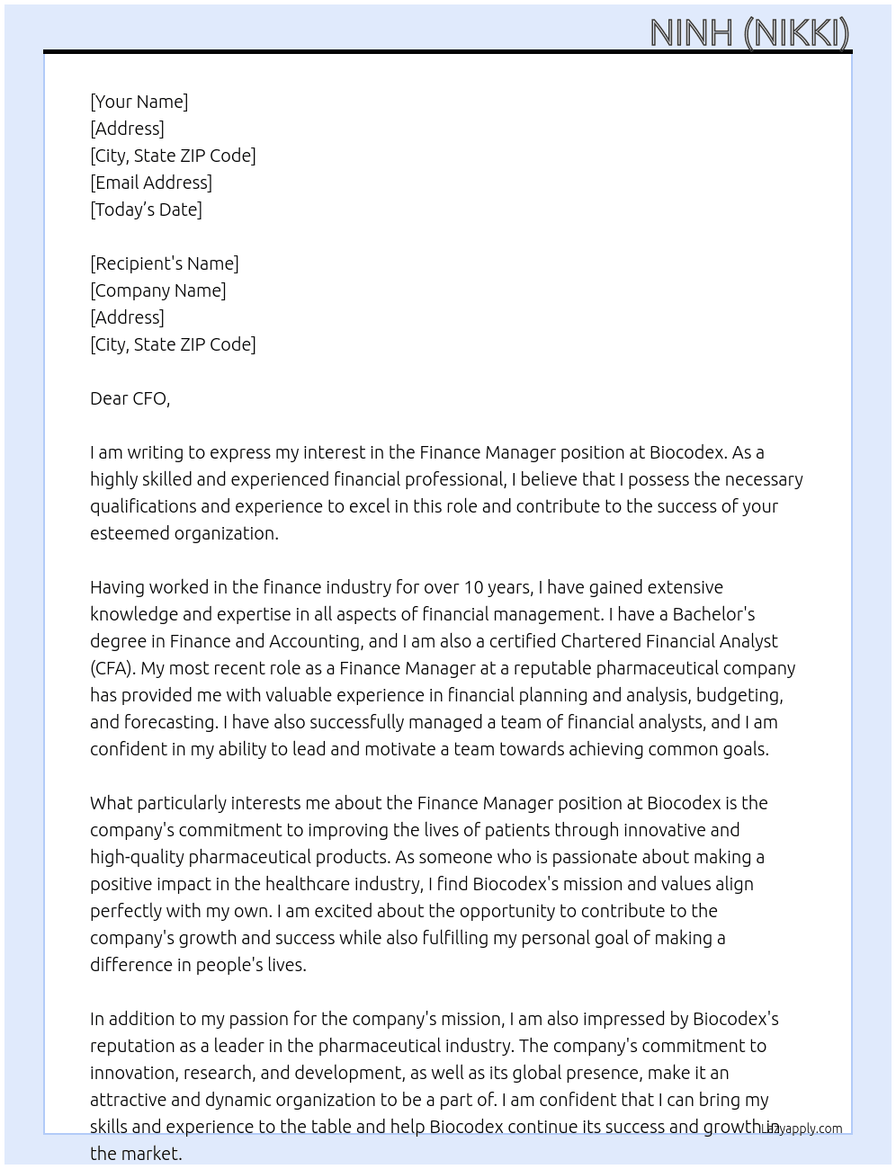 Finance Manager At Biocodex Cover Letter