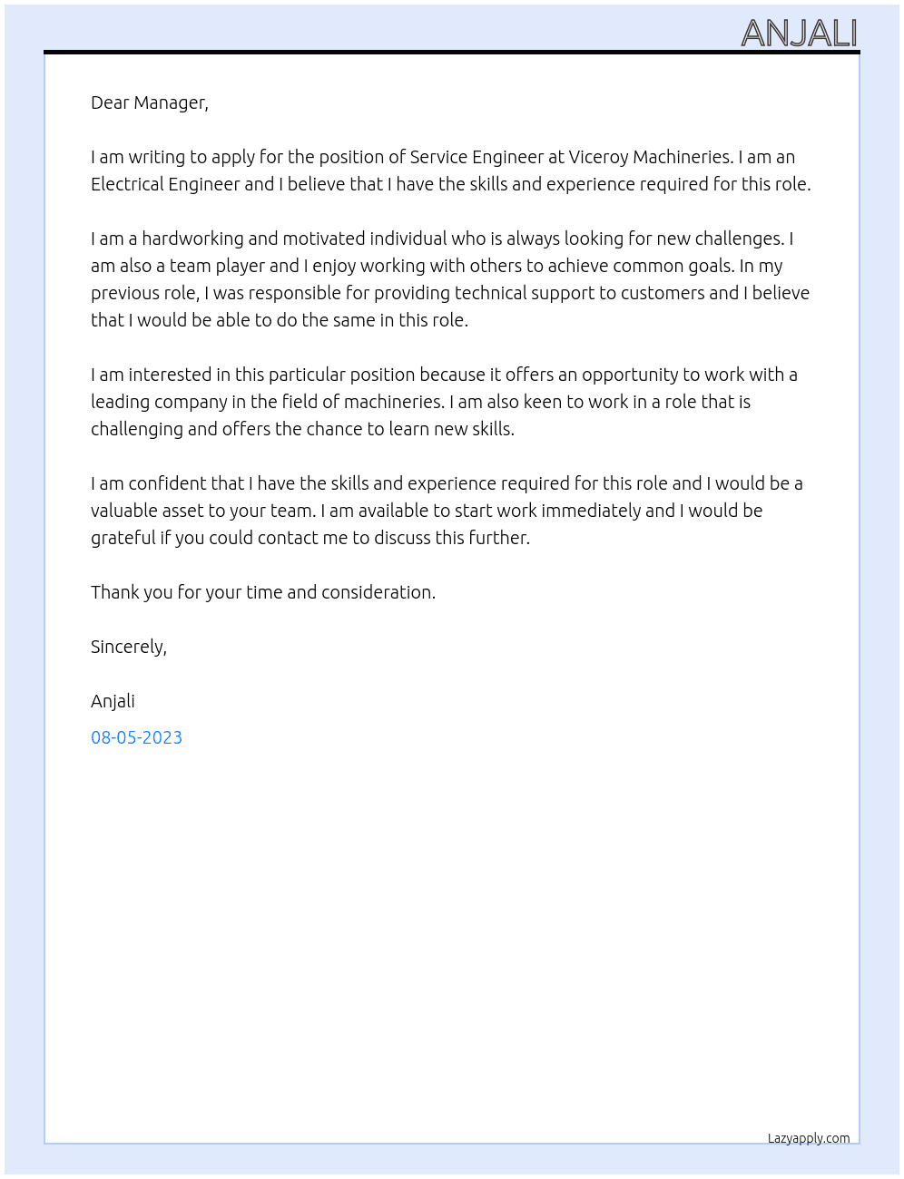 Service engineer  At Viceroy machineries  Cover Letter