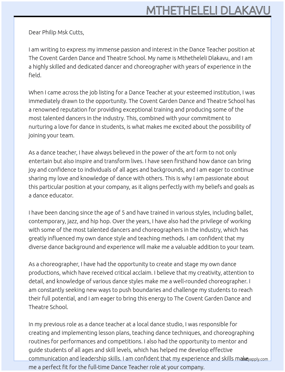 Dance Teacher  At The Covent Garden Dance and Theatre School  Cover Letter