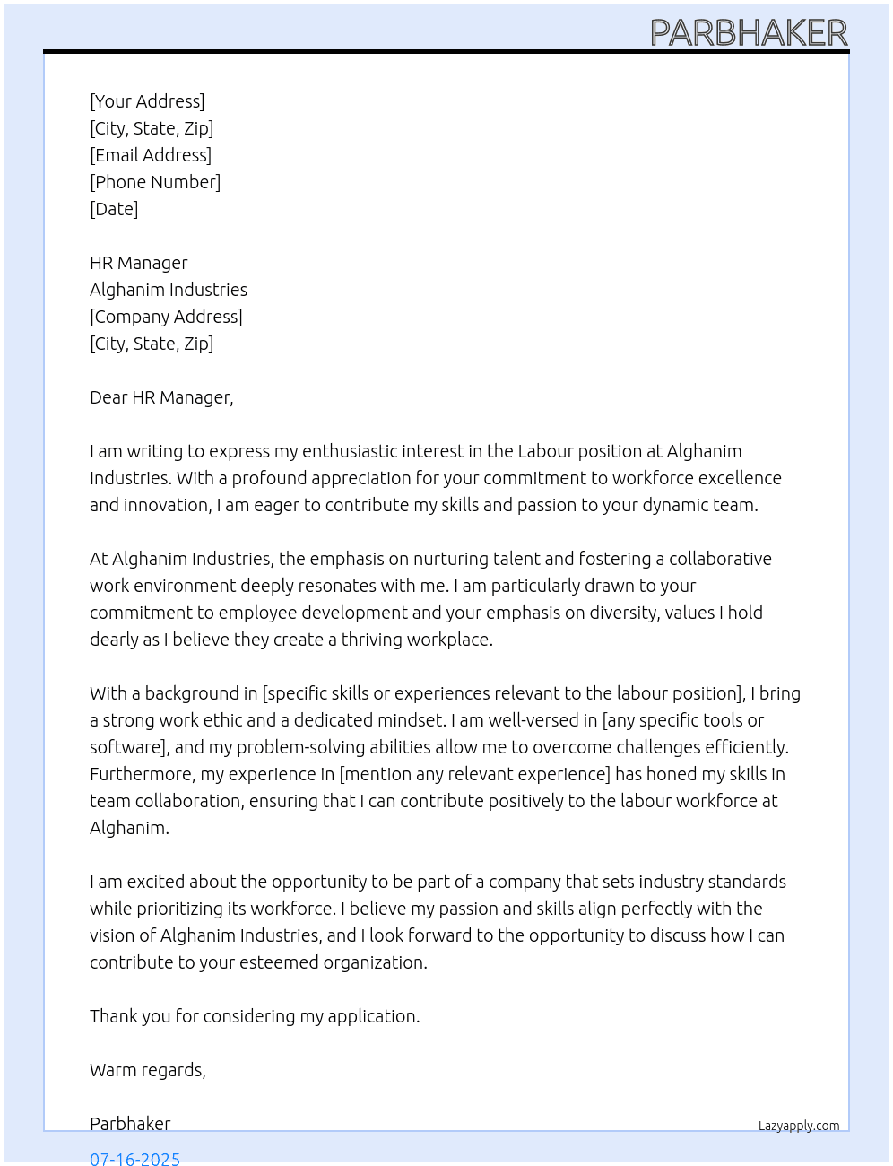 Labour At Alghanim Industries  Cover Letter