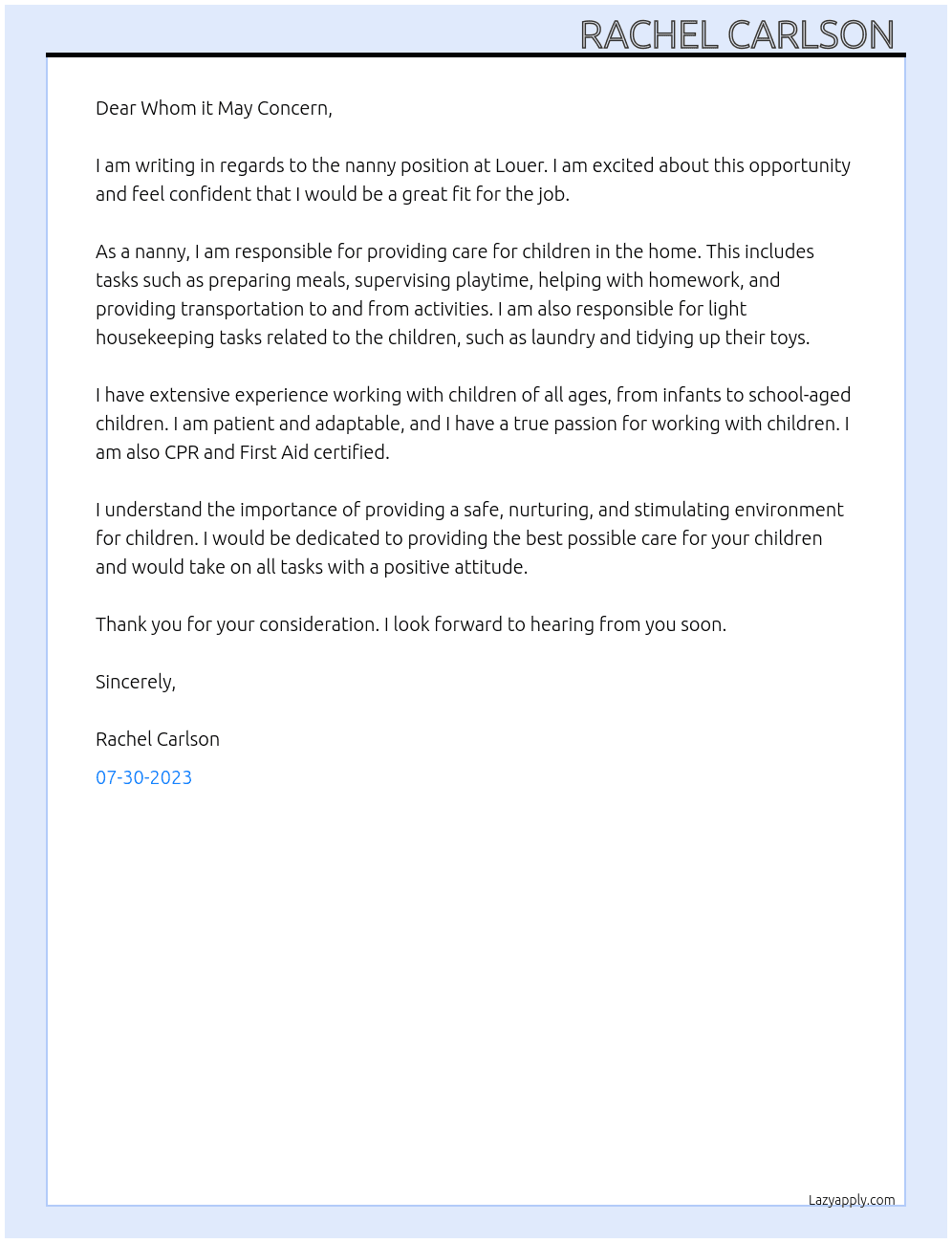 Nanny At Louer Cover Letter