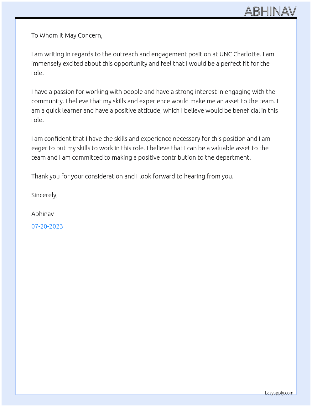 outreach and engagement At UNC Charlotte Cover Letter