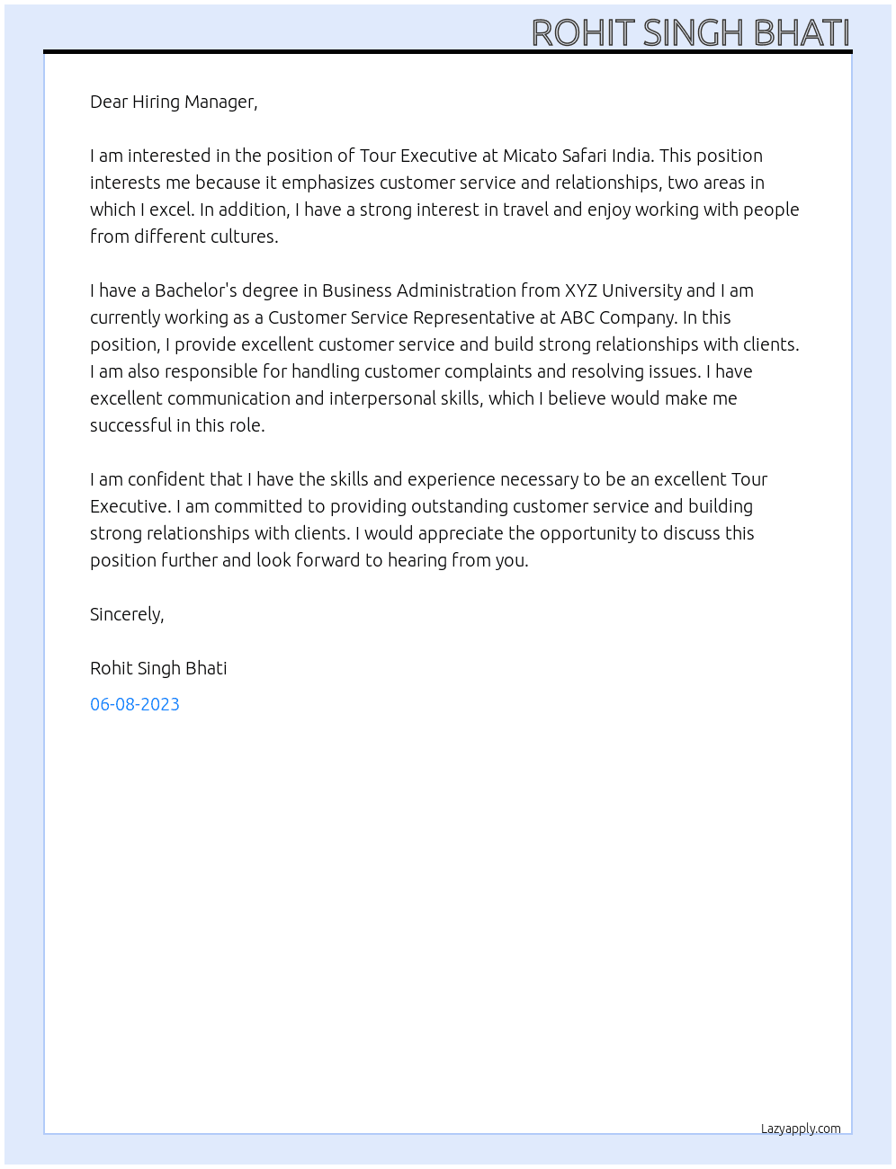 Tour Executive At Micato Safari India Cover Letter