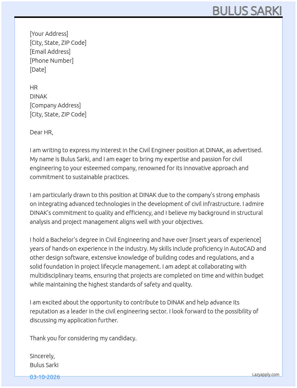 CIVIL ENGINEER At DINAK Cover Letter