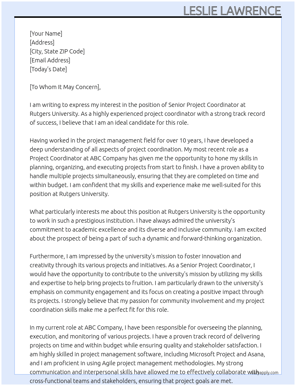 Senior Project Coordinator At Rutgers University Cover Letter