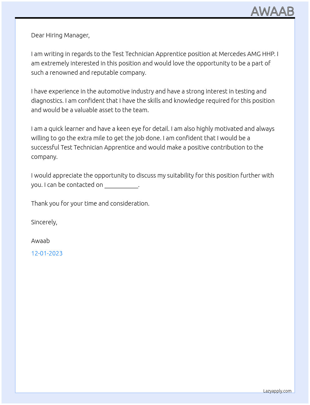 Test Technicon Apprentice At Mercedes AMG HHP Cover Letter
