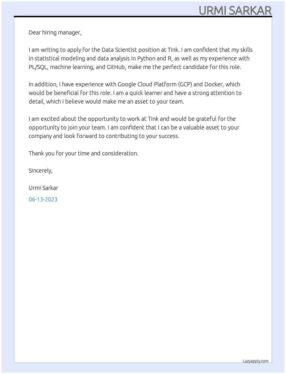 Data Scientist At Tink Cover Letter
