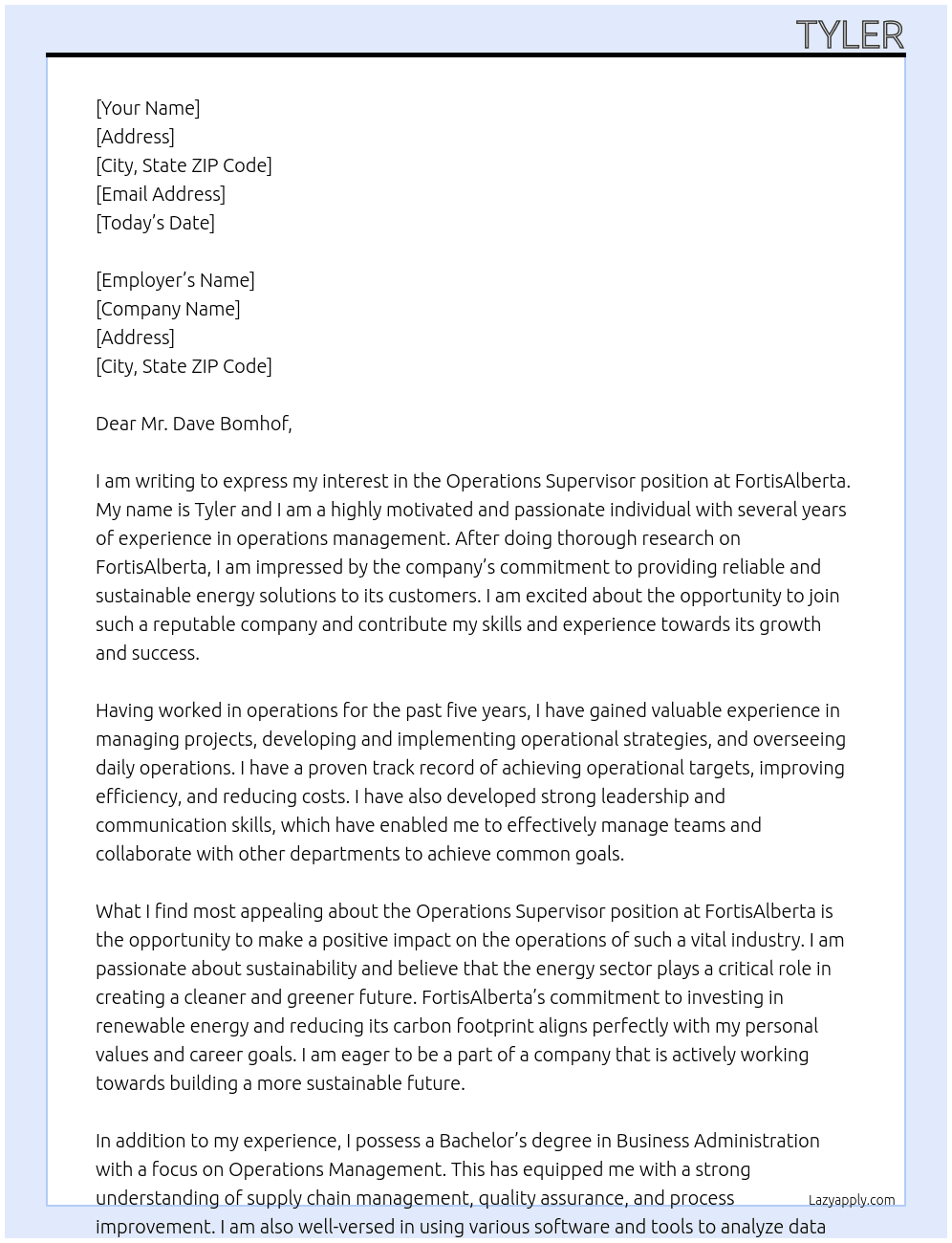 Operations Supervisor At FortisAlberta Cover Letter