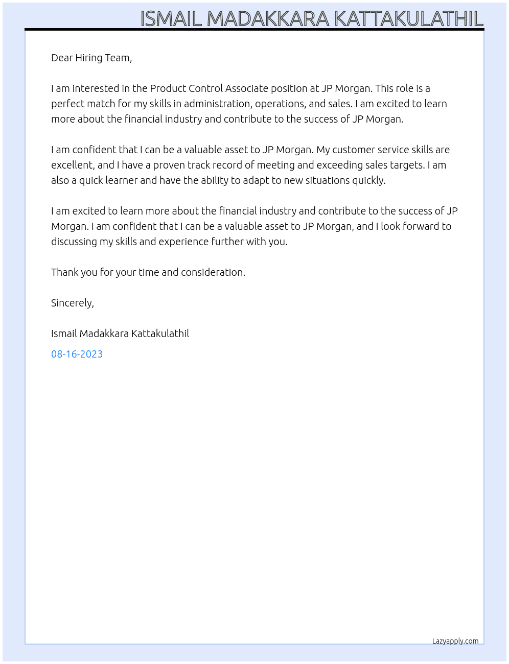 Product Control Assosate At JP Morgans Cover Letter