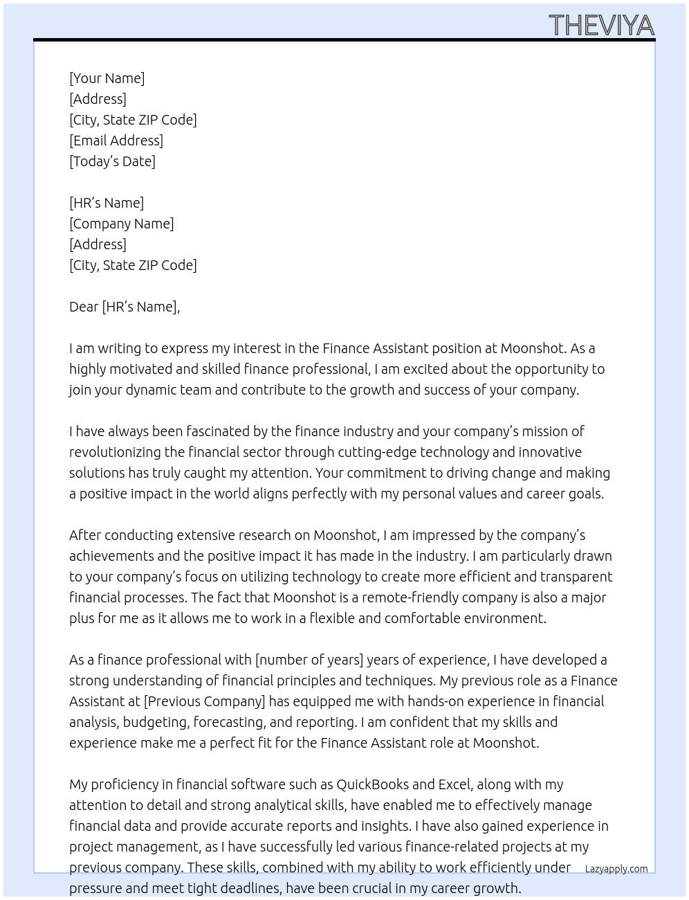 Finance assistant  At Moonshot Cover Letter