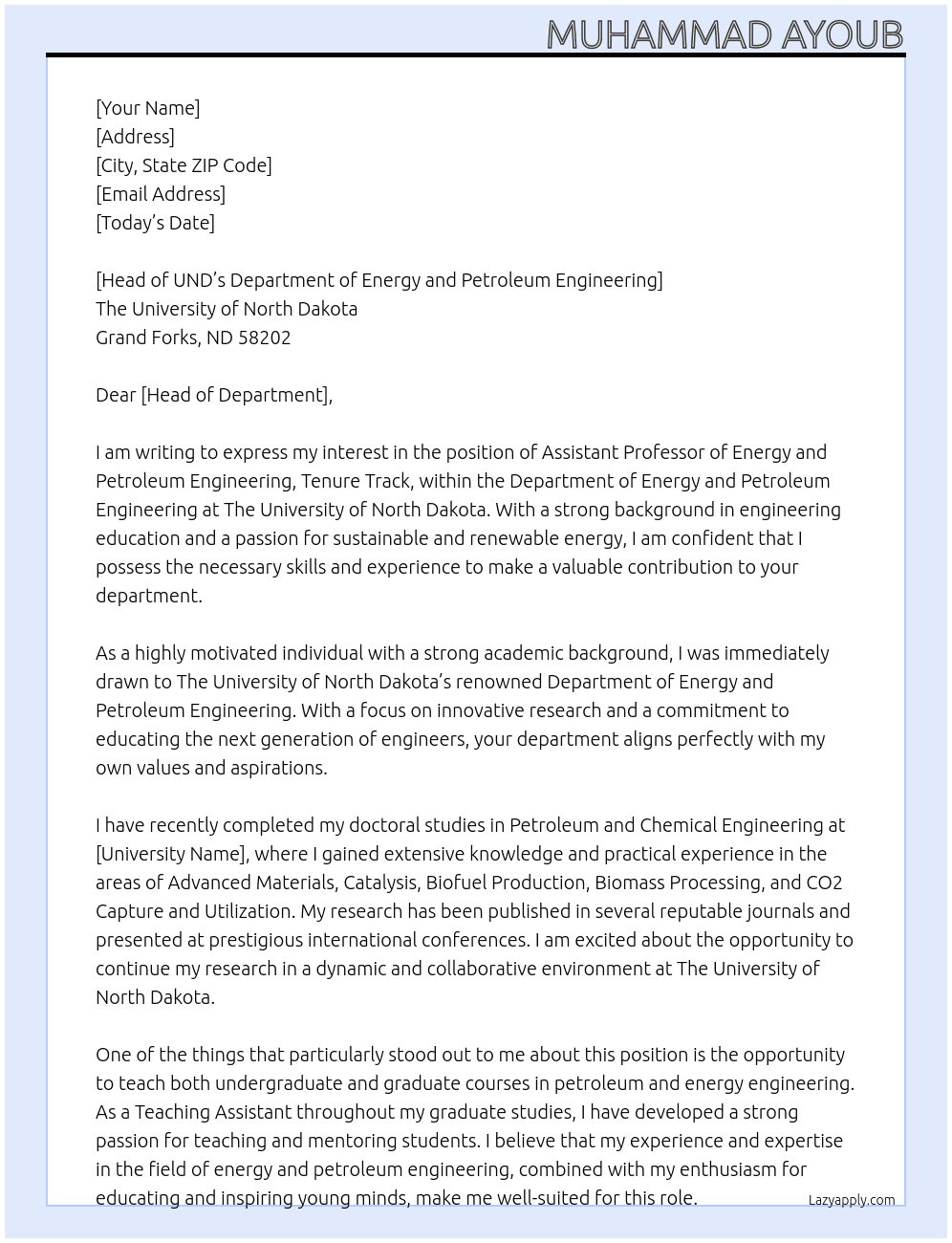  Assistant Professor of Energy and Petroleum Engineering, Tenure Track At The University of North Dakota Cover Letter