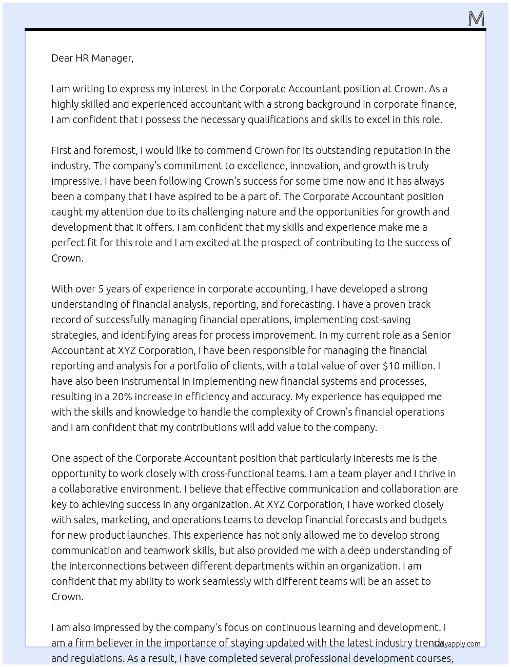 Corporate Accountant At Crown Cover Letter
