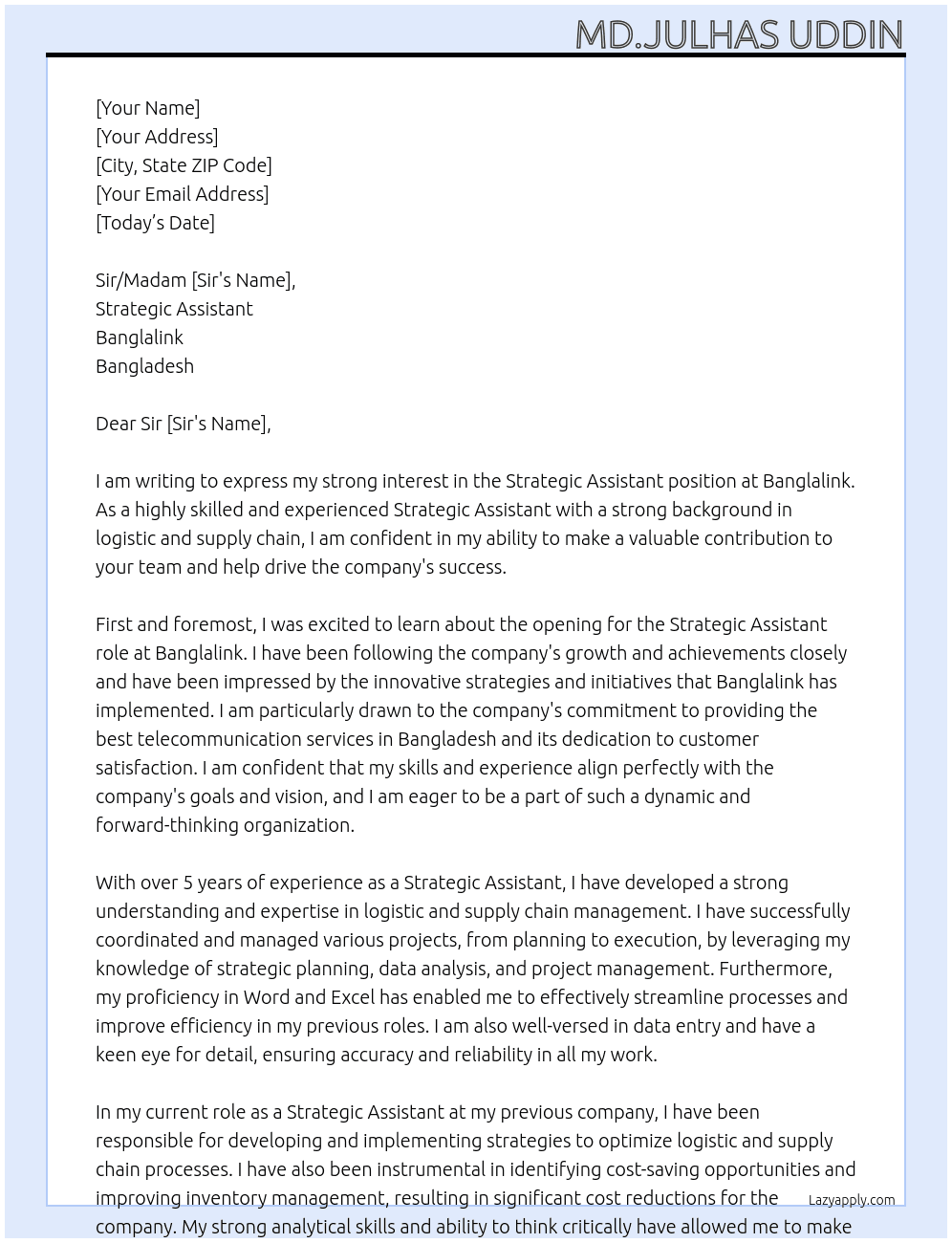 Strategic Assistant  At Banglalink Cover Letter