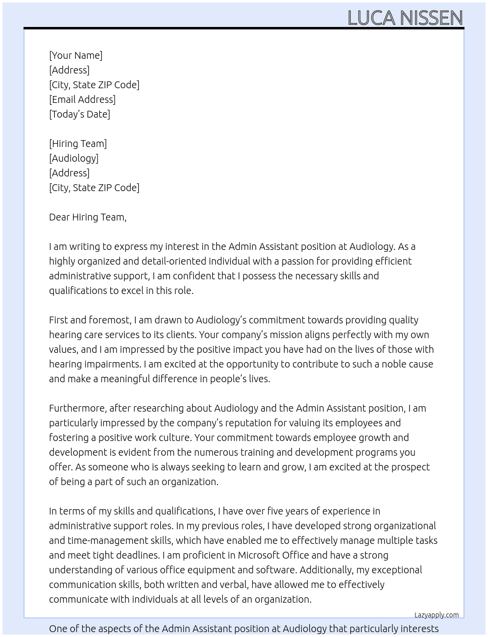 Admin Assistant At Audiology Cover Letter