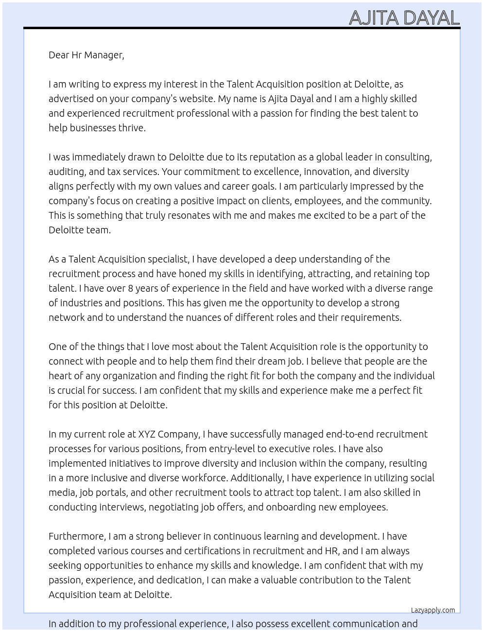 Talent Acquisition At Deloitte Cover Letter