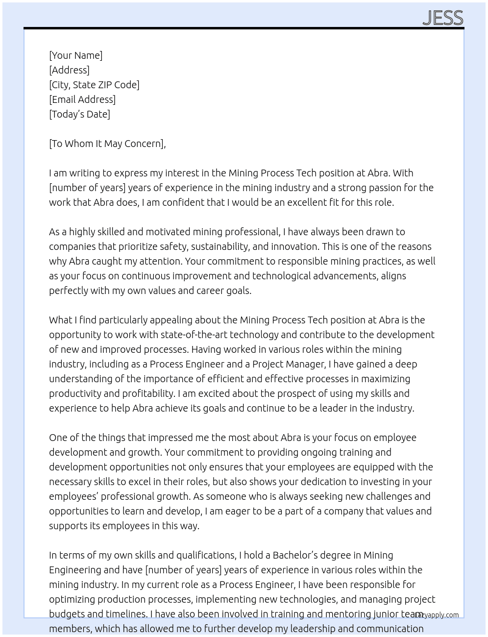 Mining process tech At Abra Cover Letter