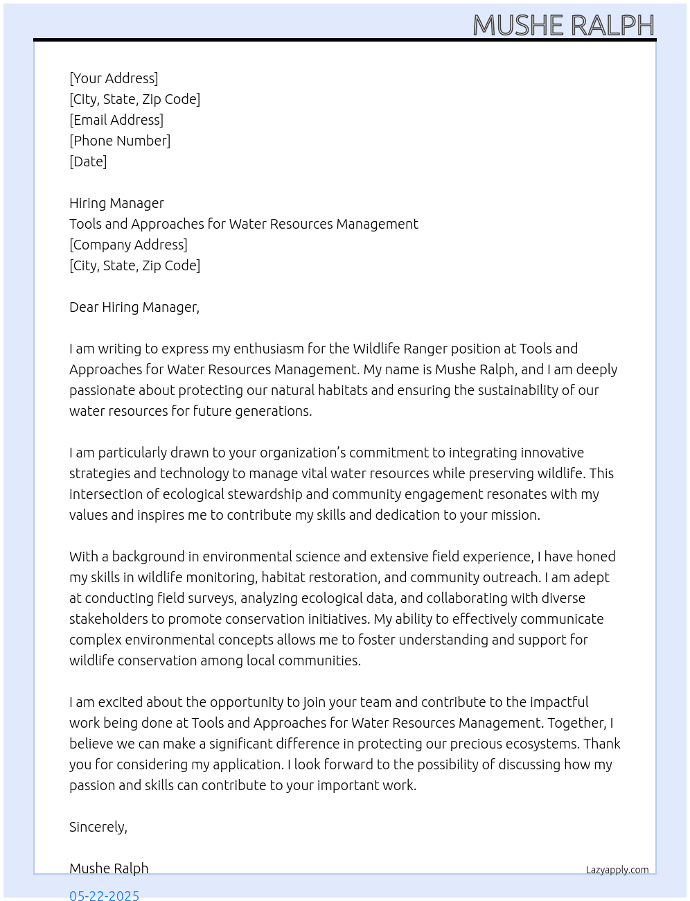 Wildlife ranger At Tools and approaches for water resources management Cover Letter