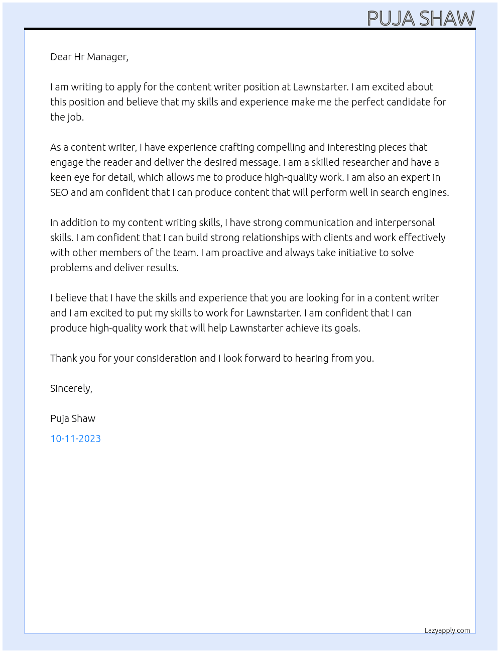 conten writer At Lawnstarter Cover Letter