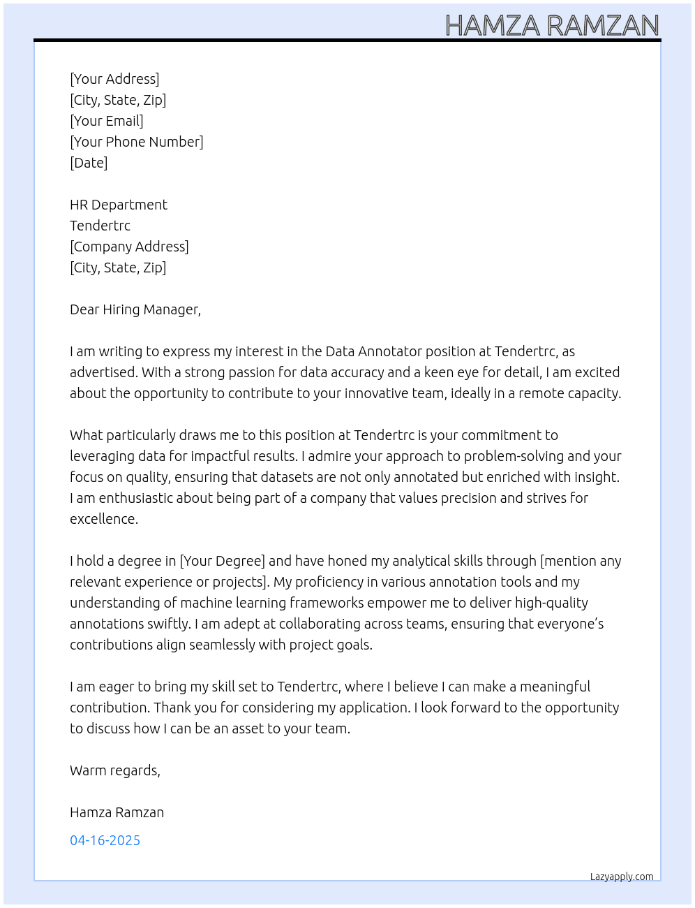Data Annotator At Tendertrc Cover Letter