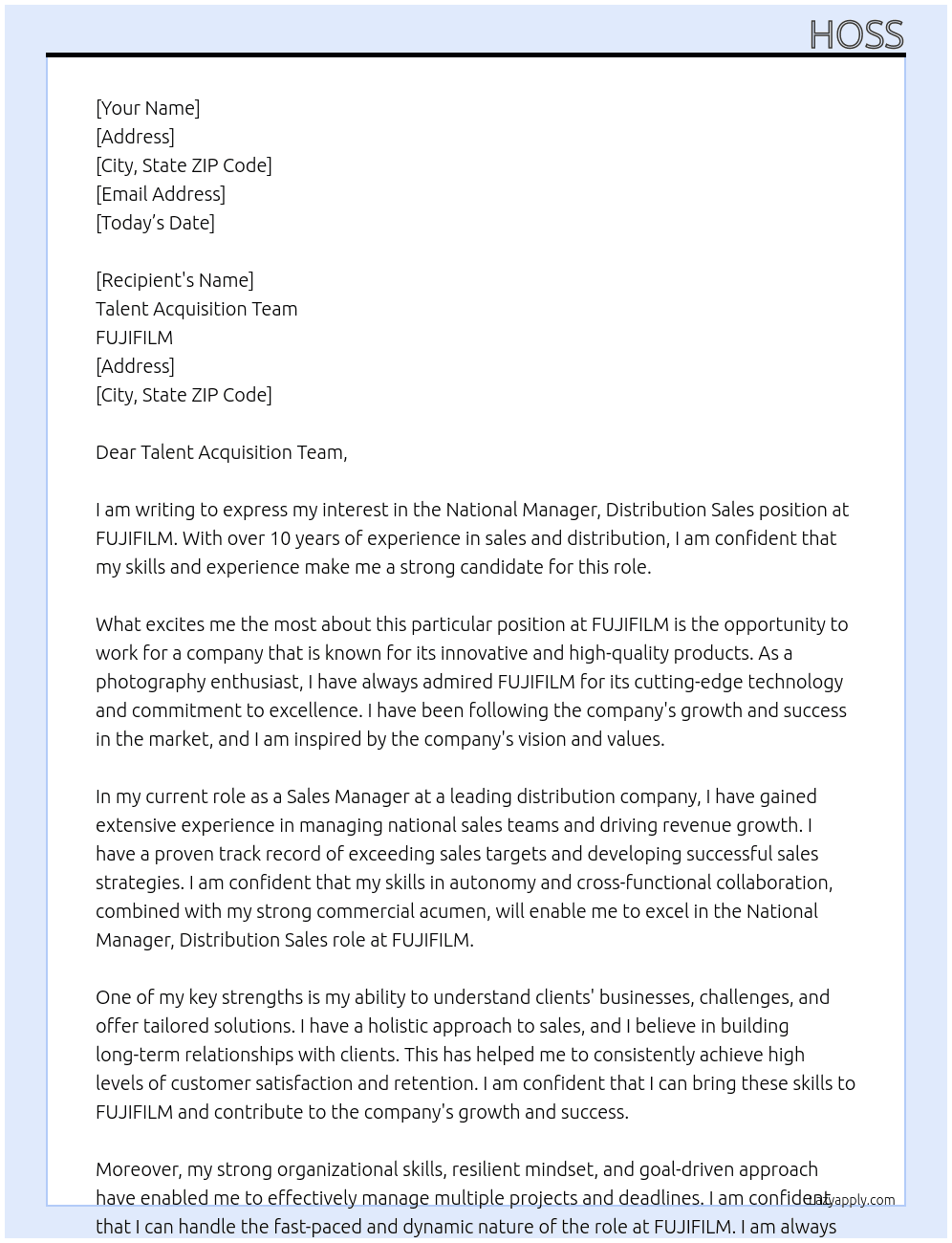 National Manager, Distribution Sales At FUJIFILM Cover Letter