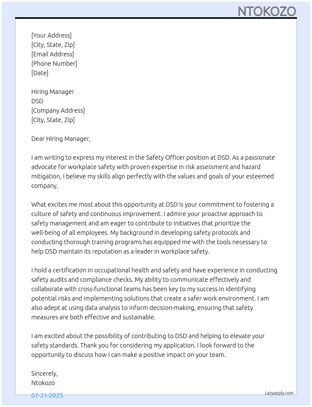 safety officer At DSD Cover Letter