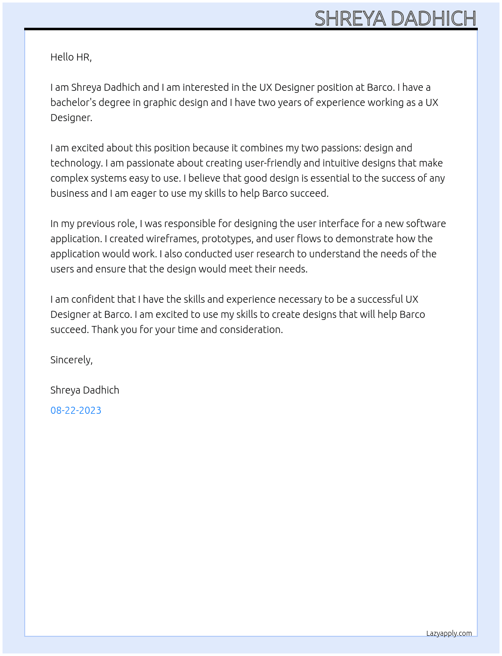 UX Designer At Barco Cover Letter