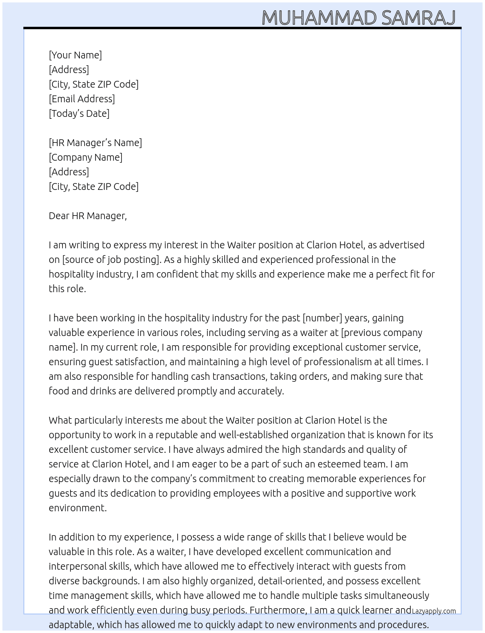 Waiter  At Clarion Hotel Cover Letter