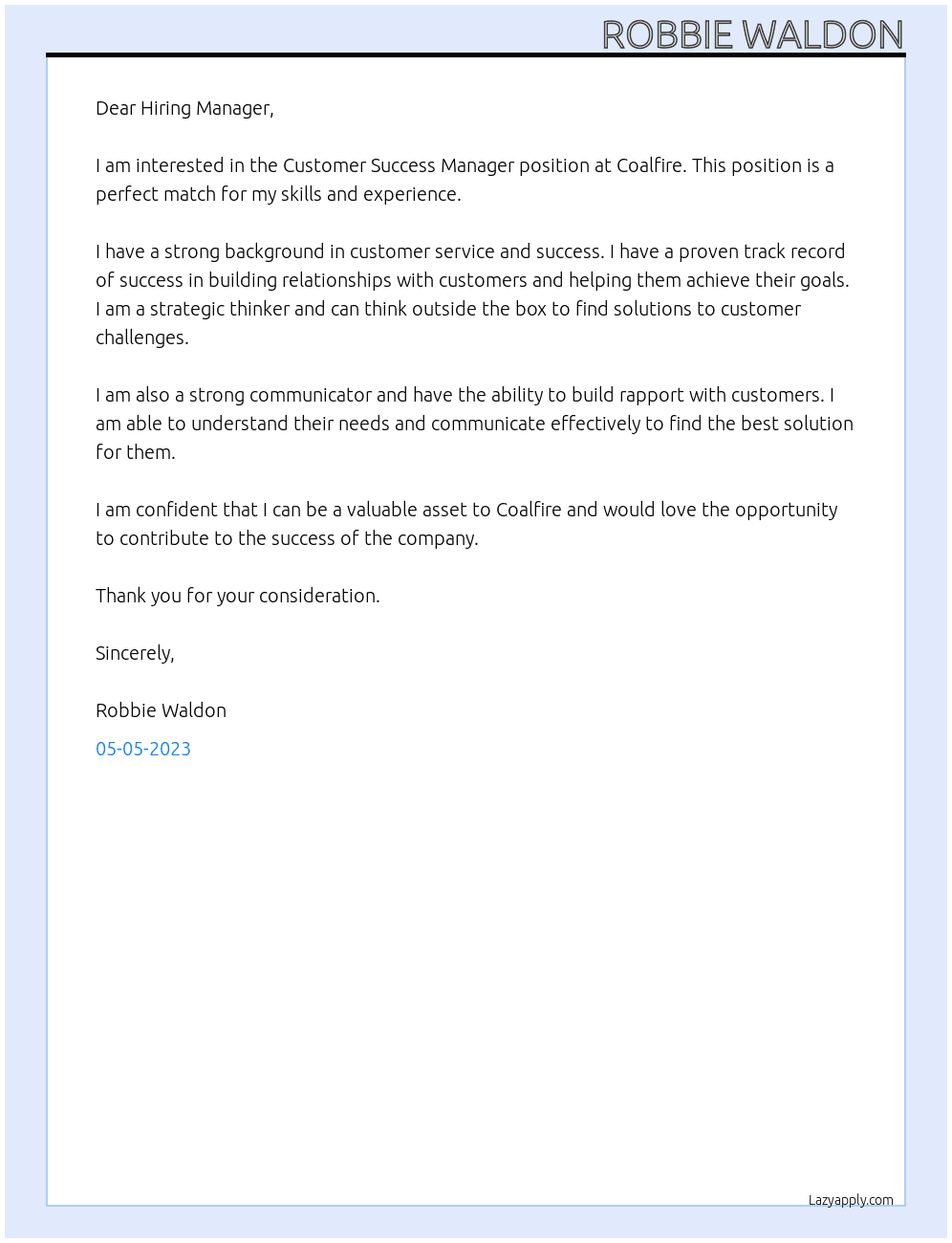 Customer Success Manager At Coalfire Cover Letter