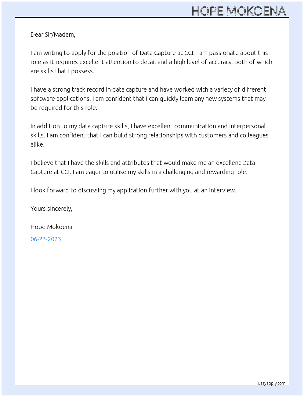 Data capture  At CCI Cover Letter