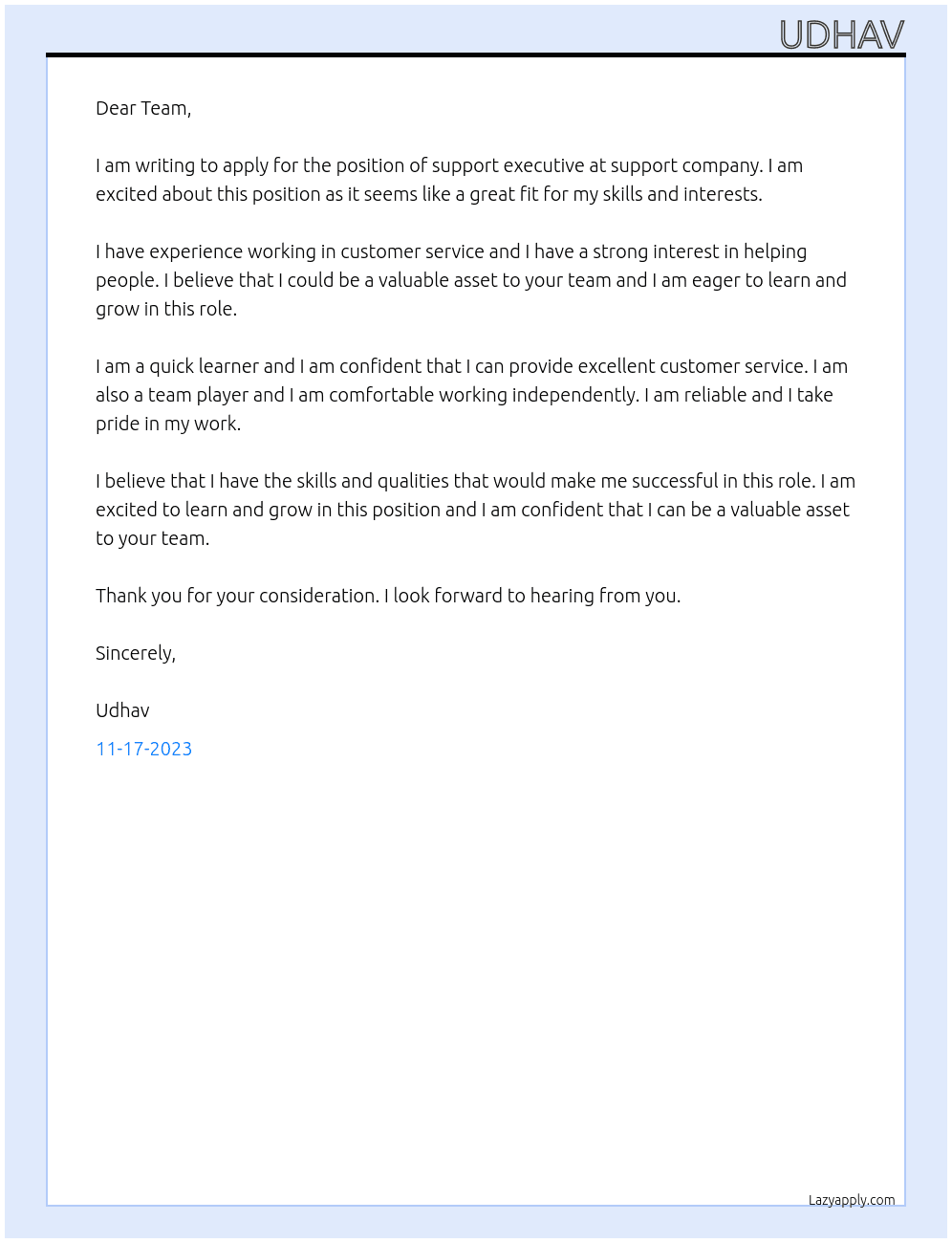 support executive At support company Cover Letter