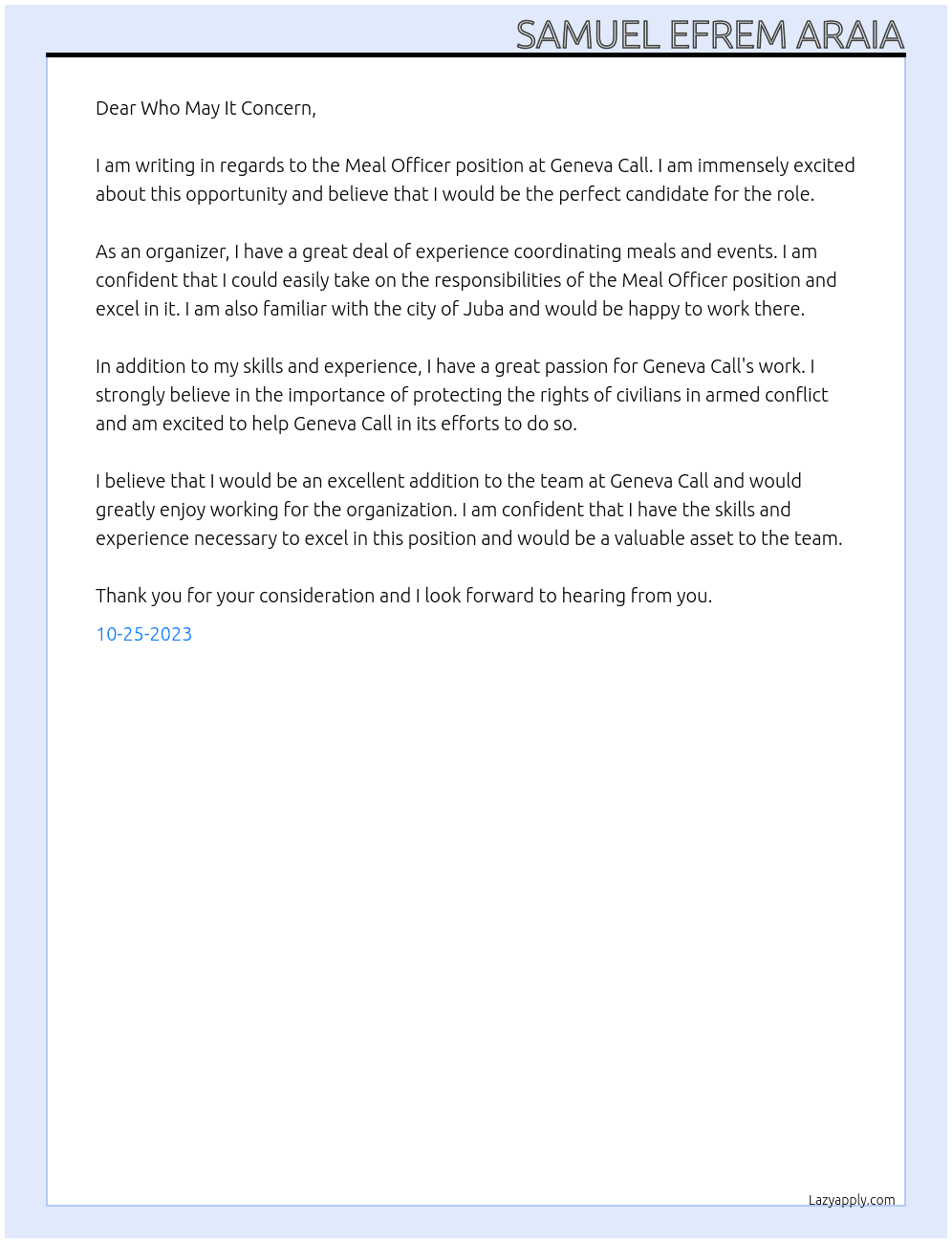 Meal officer At Geneva Call Cover Letter