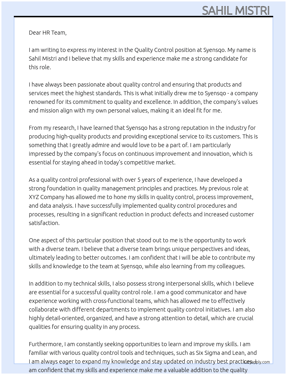 Quality Control  At Syensqo  Cover Letter