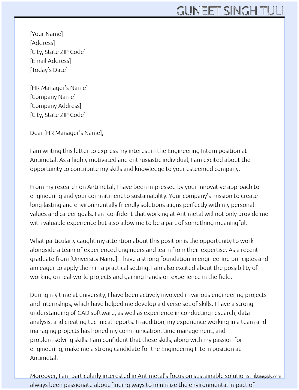 Engineering Intern At Antimetal Cover Letter