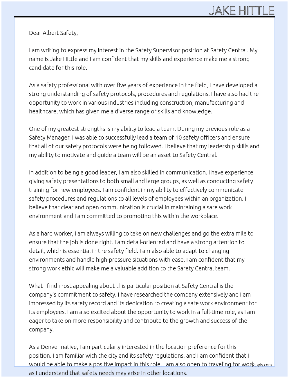 Safety Supervisor At Safety Centeral Cover Letter