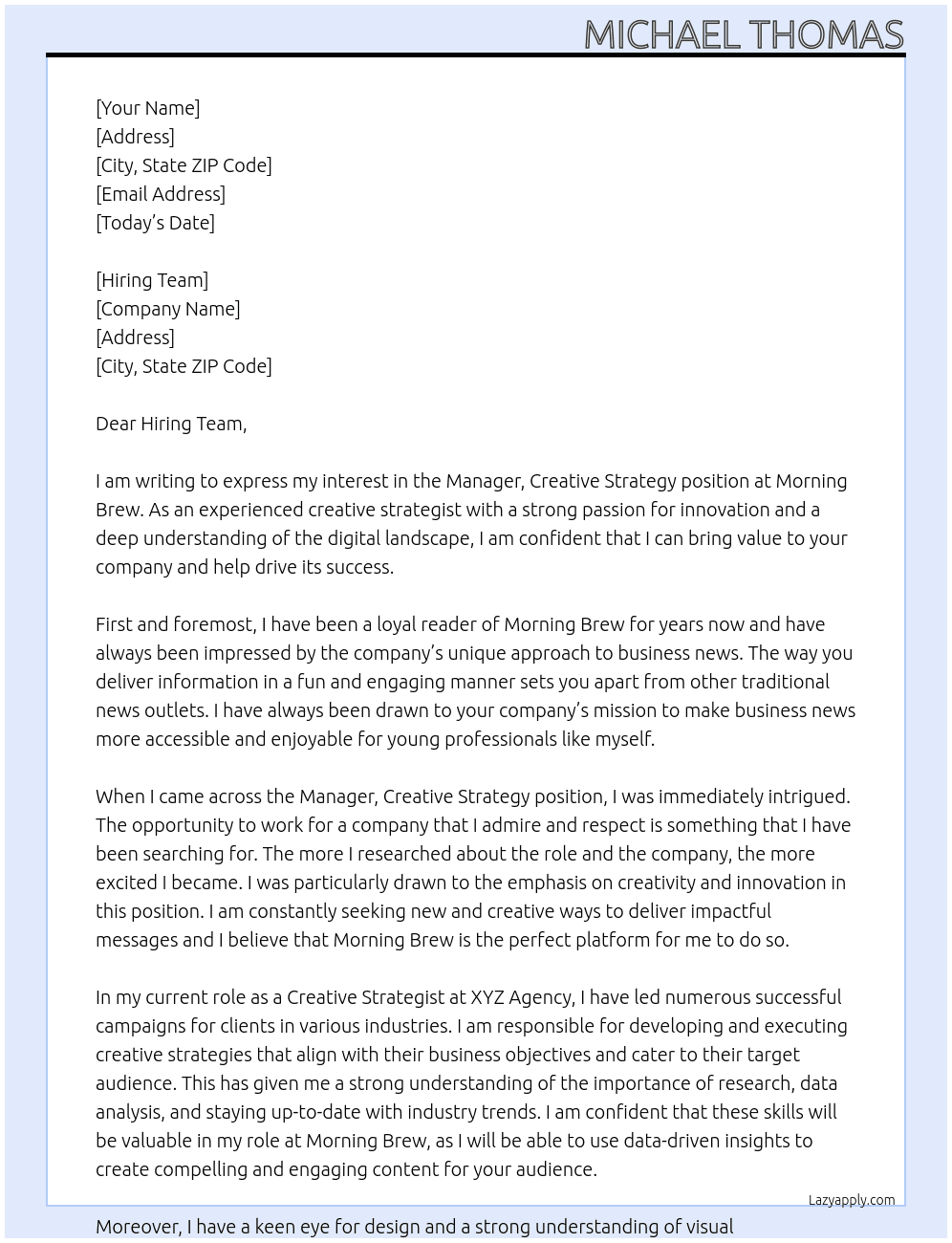 Manager, Creative Strategy At Morning Brew Cover Letter