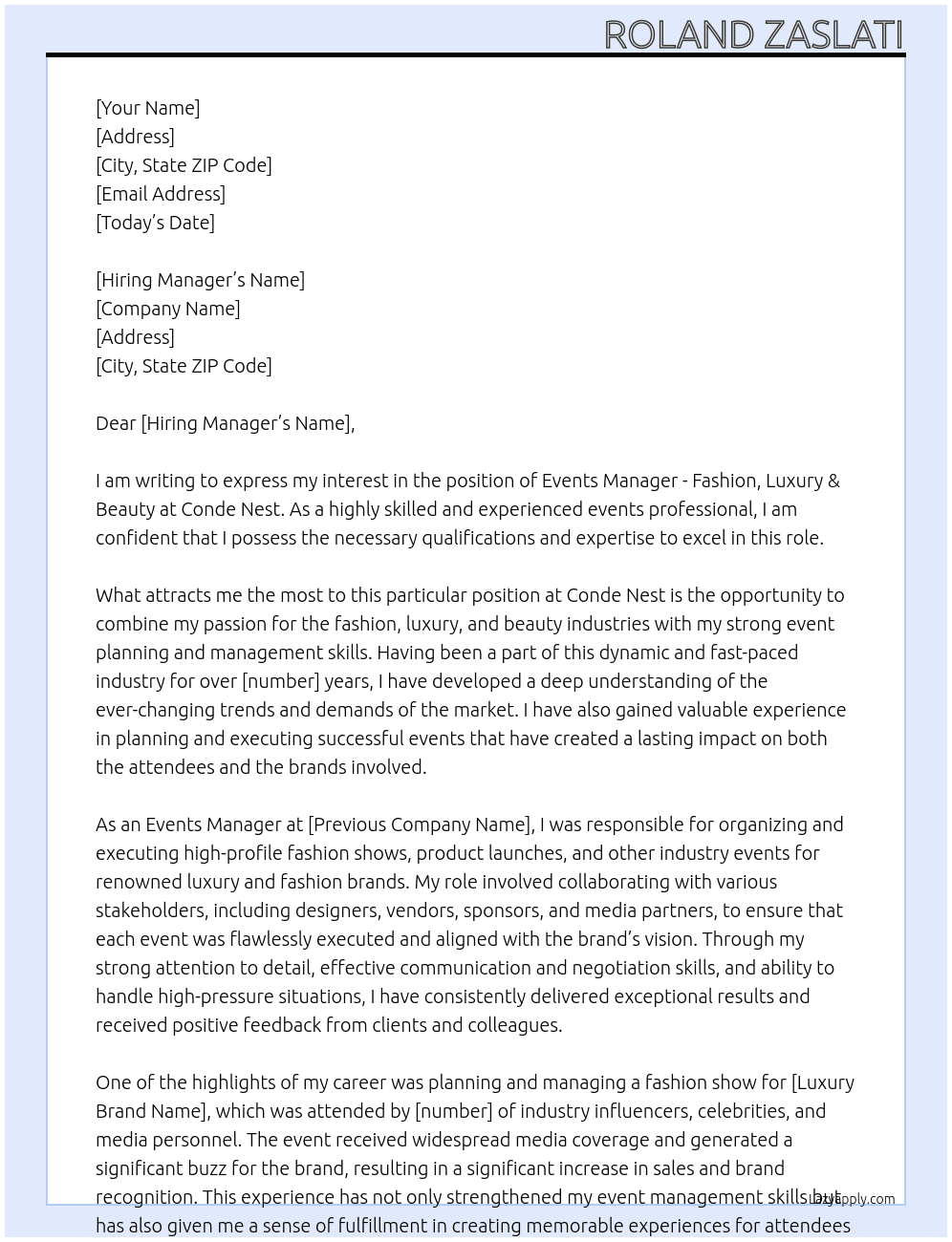Events Manager - Fashion, Luxury & Beauty At Conde Nest Cover Letter