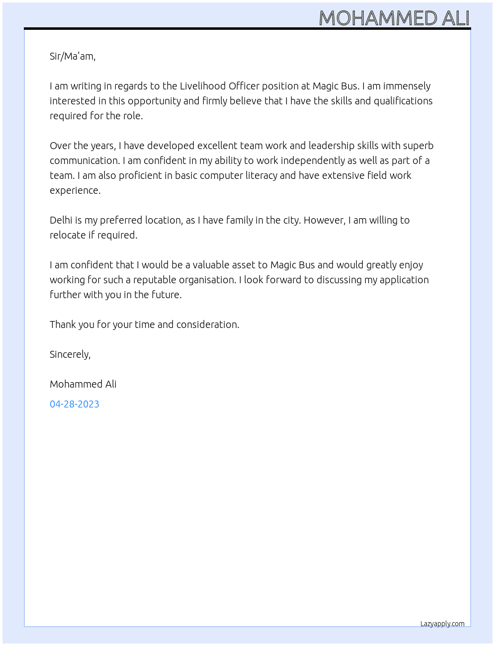 LIVELIHOOD OFFICER At MAGIC BUS Cover Letter