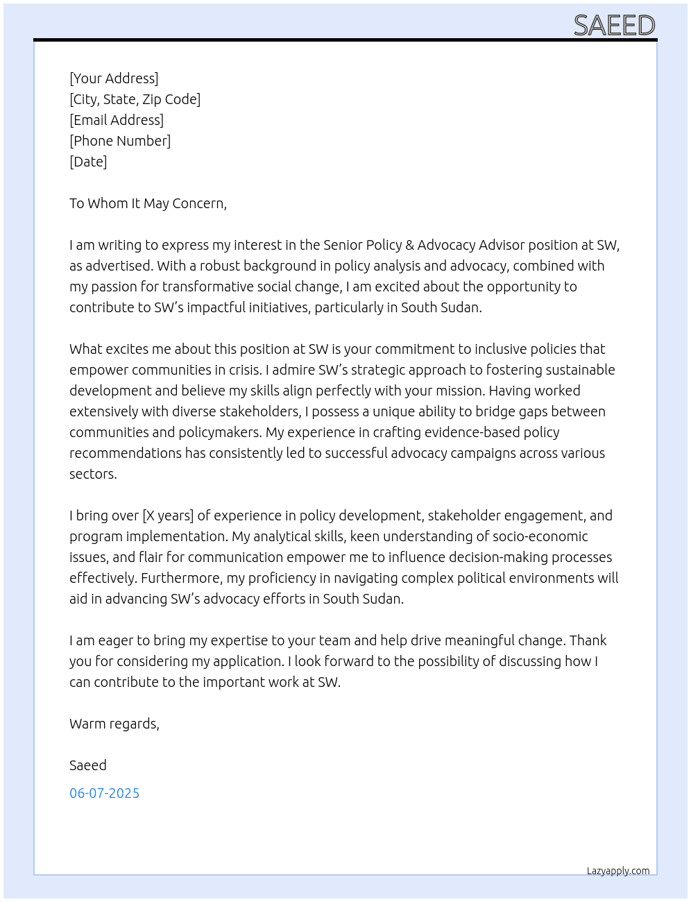 senior policy & advocacy advisor At SW Cover Letter