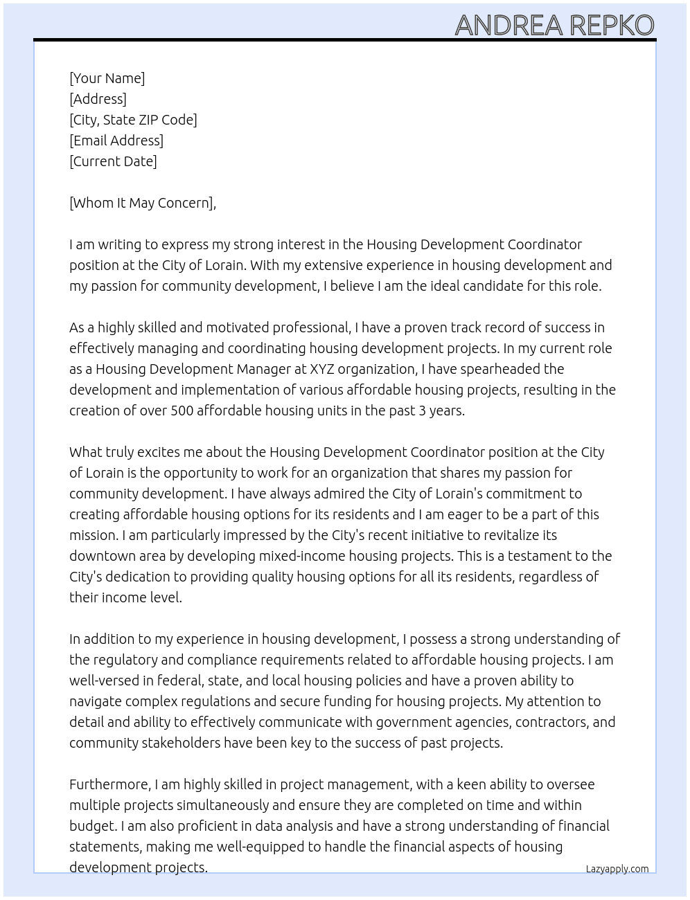 Housing Development Coordinator At City of Lorain Cover Letter