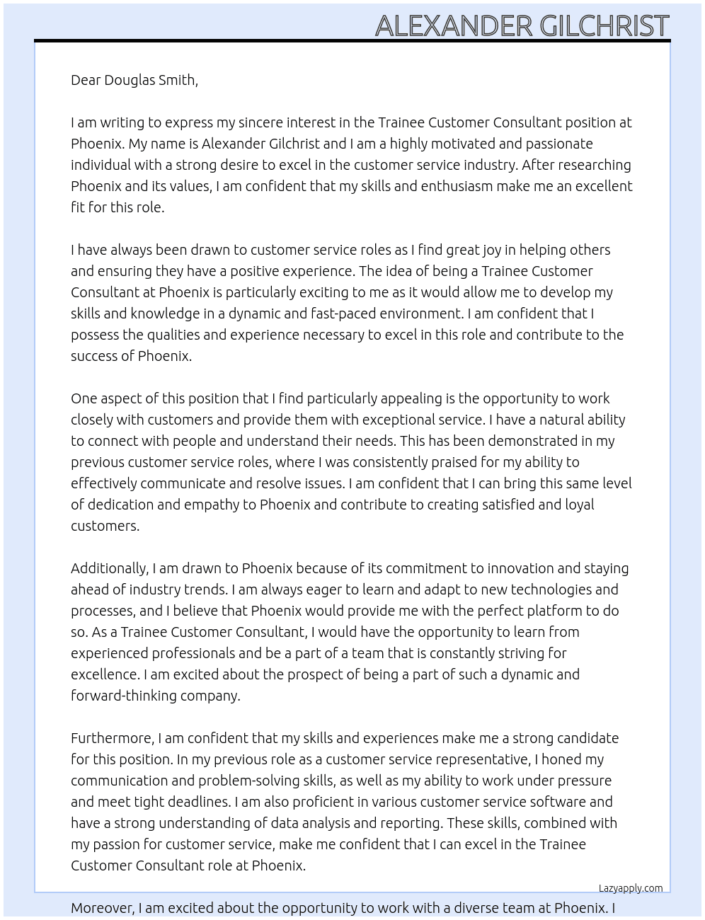 Trainee Customer Consultant At Phoenix Cover Letter