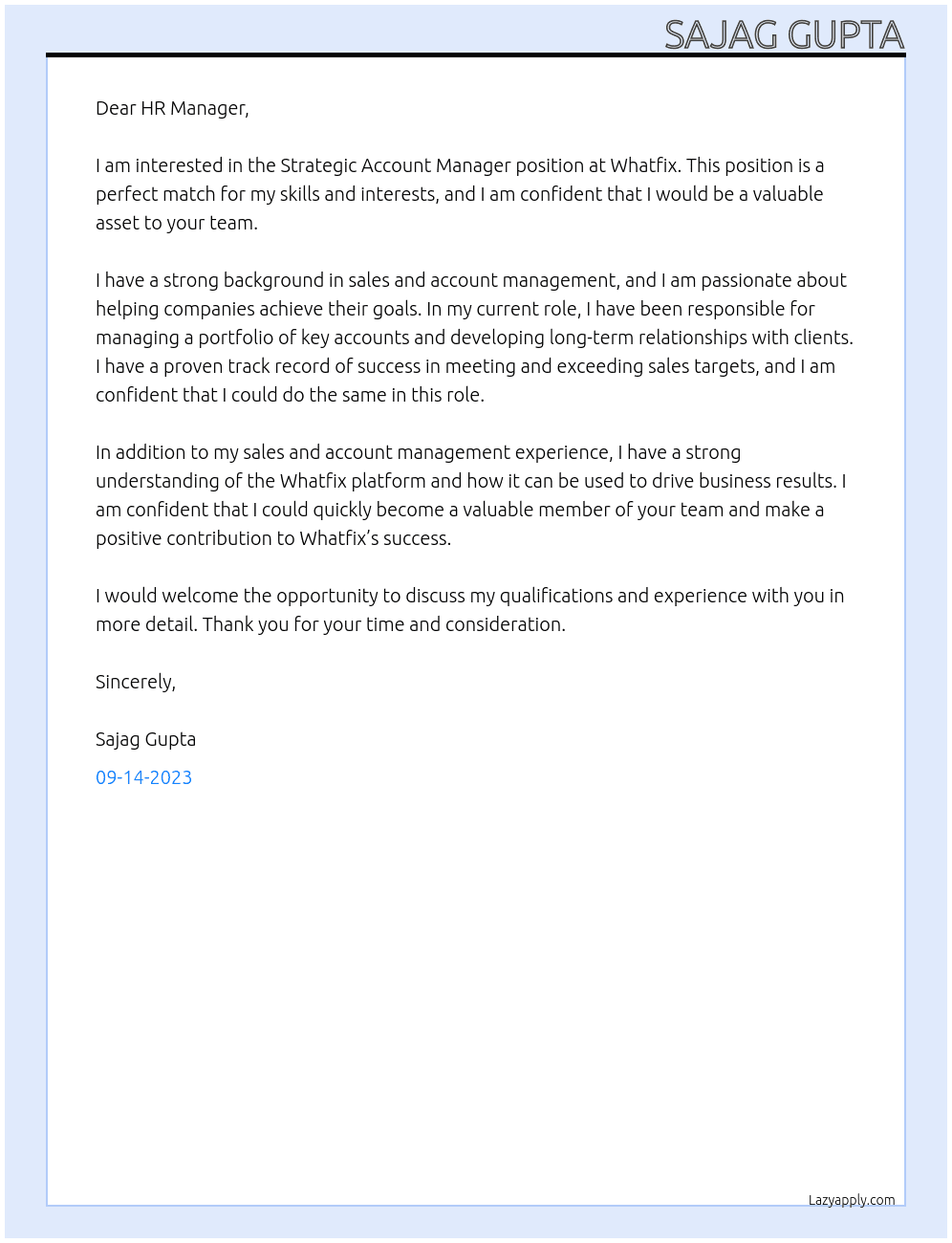 Strategic Account Manager At Whatfix Cover Letter
