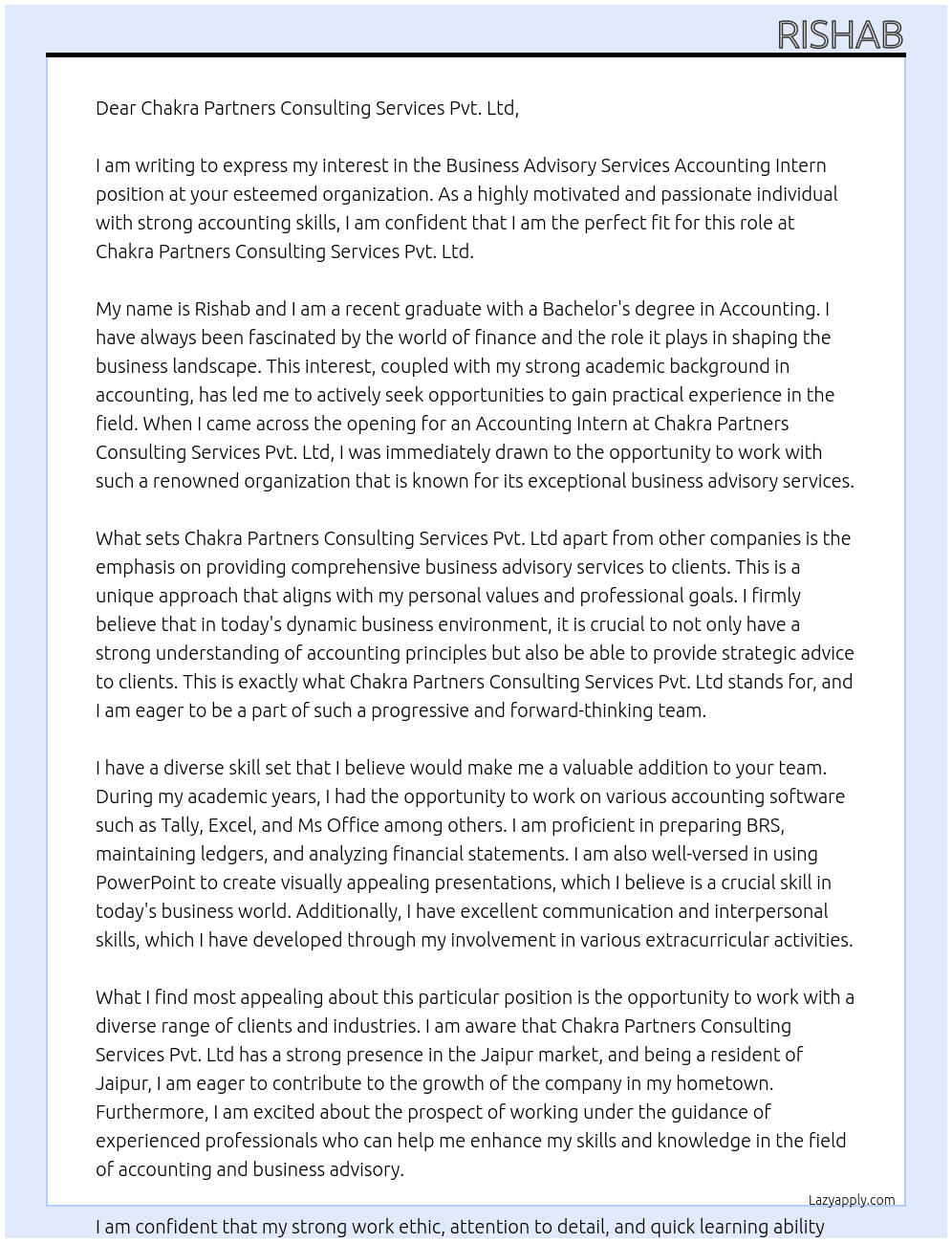 Business Advisory Services Accounting Intern At Chakra Partners Consulting Services Pvt. Ltd Cover Letter