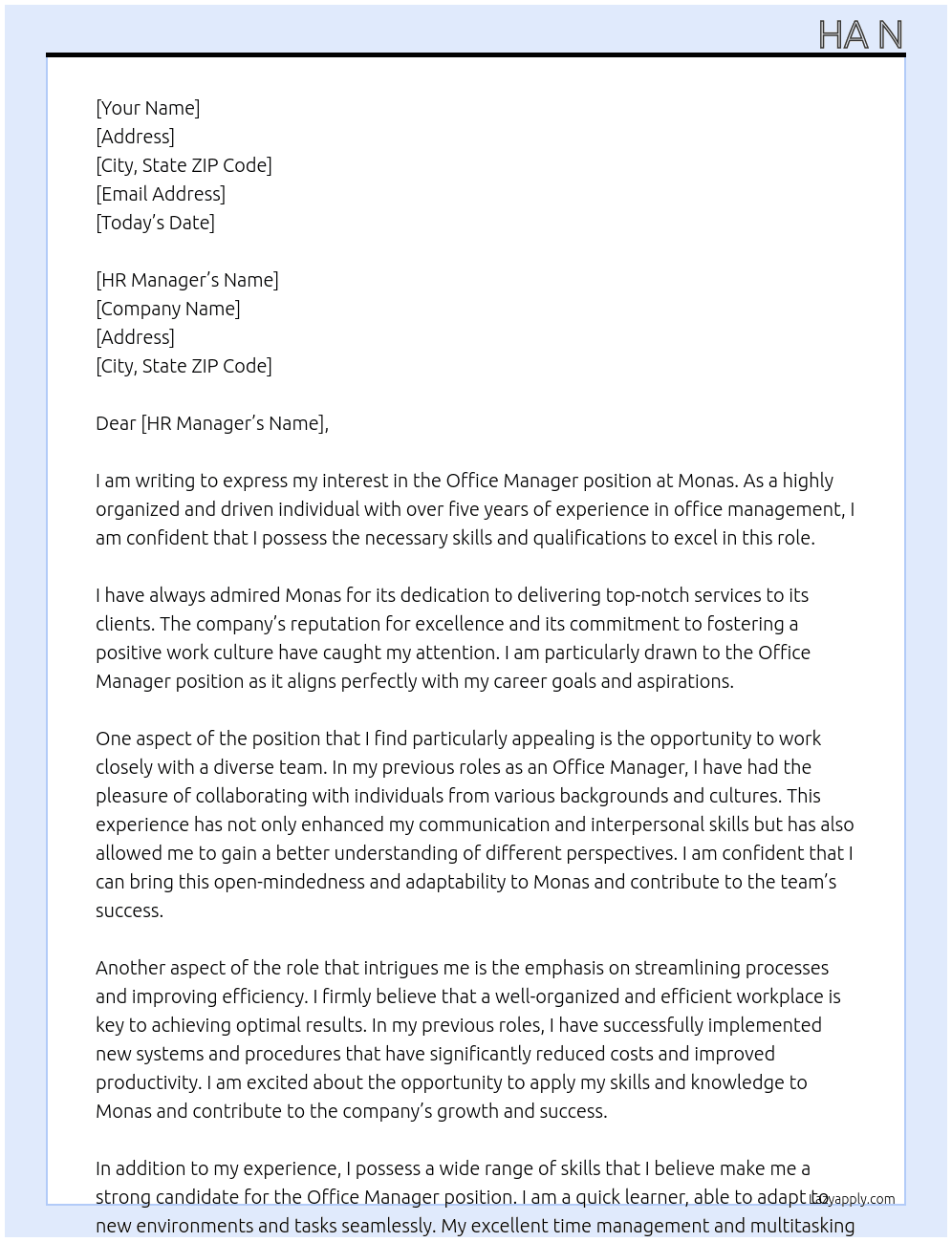Office Manager At Monas Cover Letter